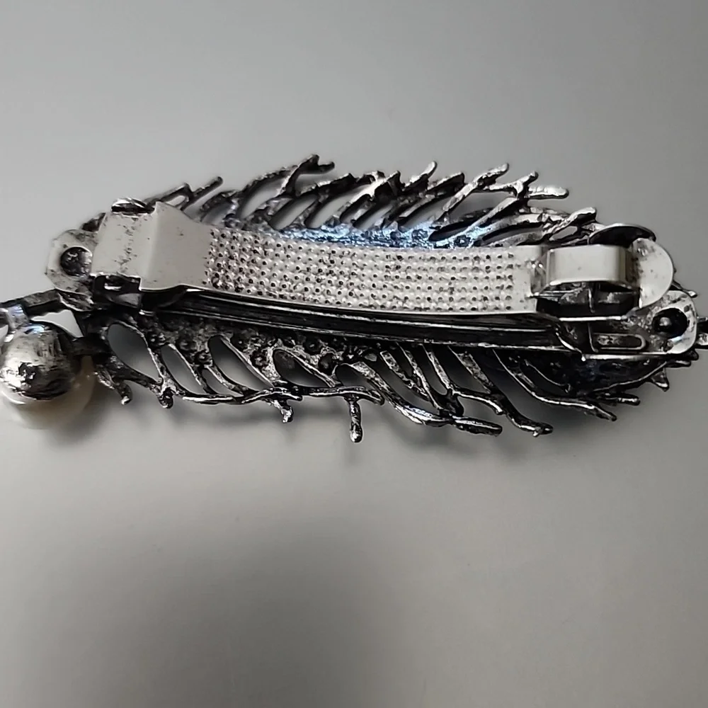 SILVER and  BLUE  Feather Hair Accessory with Peacock Design
